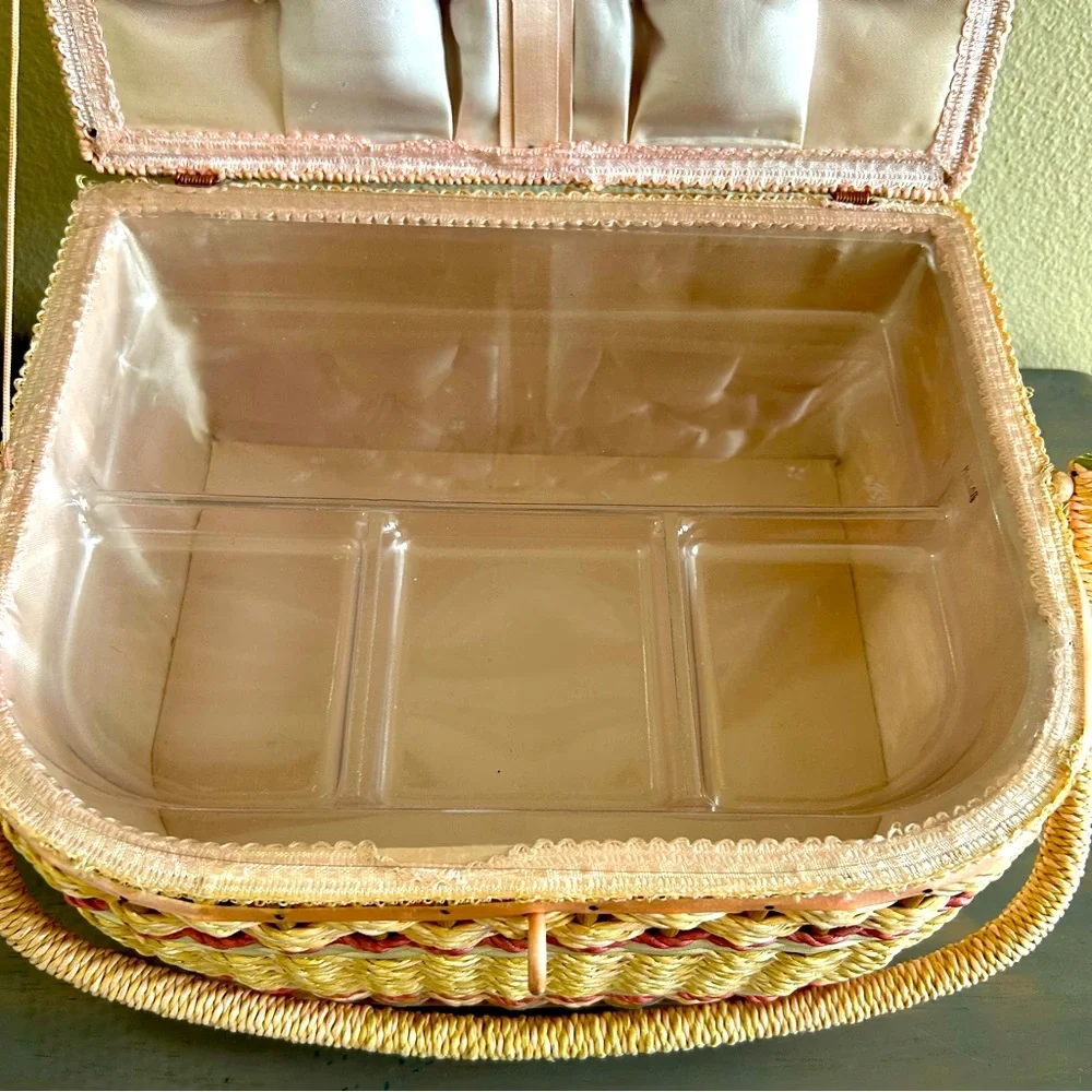 Vintage Sewing Basket Large Pink Rattan Original Clear Tray for Penny’s in Japan